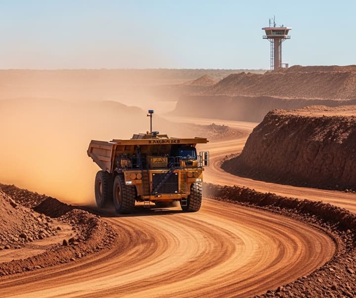 Large autonomous haul truck driving on dusty red earth roads in a sunlit open-pit mine in Western Australia