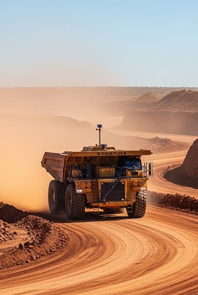 Large autonomous haul truck driving on dusty red earth roads in a sunlit open-pit mine in Western Australia.