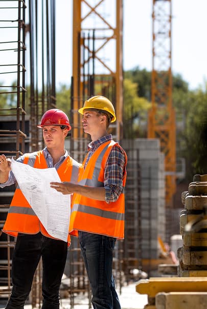 Two construction workers wearing safety vests and hard hats review blueprints at a building site with cranes and materials in the background