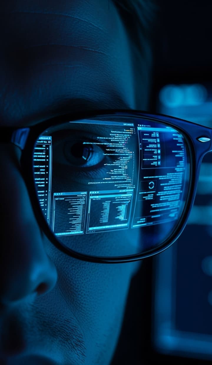 Developer in a dark room, blue code reflected on his eyeglasses in close-up.