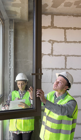 Construction professionals inspecting a window frame on a building site