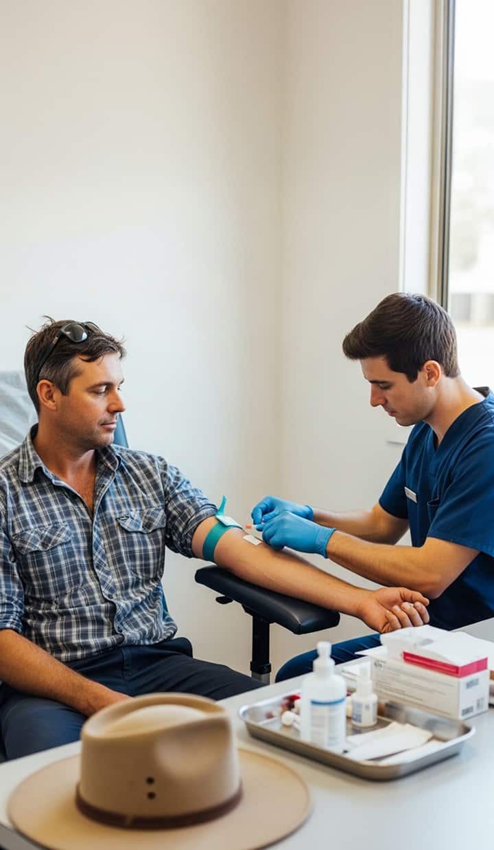 A healthcare worker wearing blue gloves is drawing blood from a person seated at a table with medical supplies and a hat placed on it.