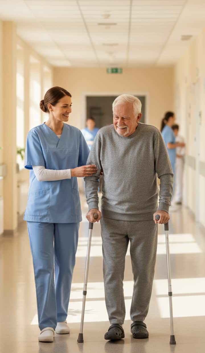 A healthcare worker in blue scrubs is assisting an older patient who is walking with crutches in a bright hallway.