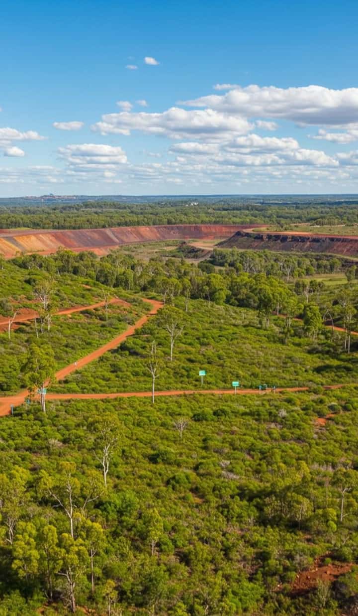 A rehabilitated mining tailings site in Australia with lush vegetation, native trees, signage for successful resource waste management and environmental restoration, under sunny skies