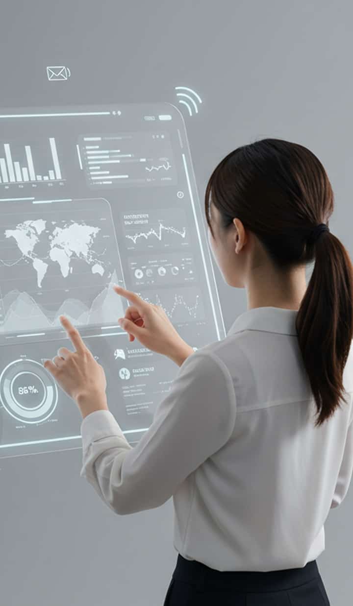 A woman with her fingers in the air interacting with a holographic display