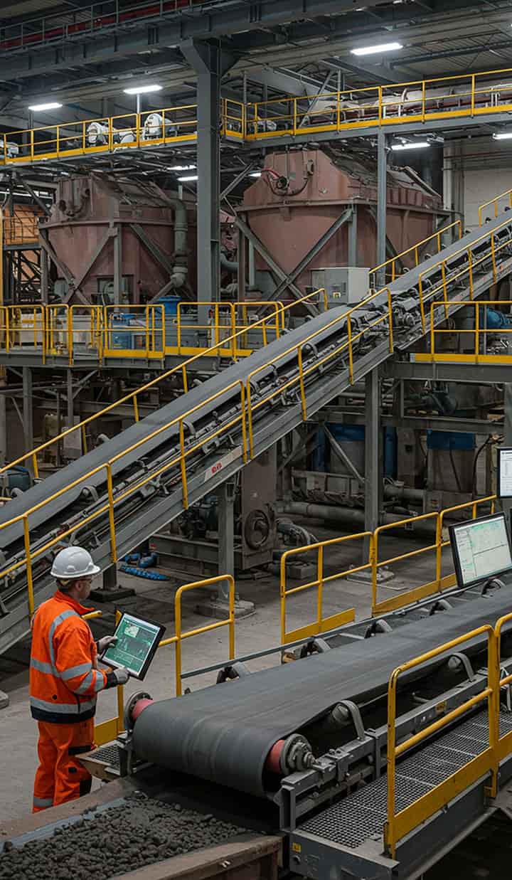 Advanced mineral processing plant with conveyor belts, flotation tanks, laser sorting equipment, and engineers in high-visibility gear monitoring control screens technical and industrial aesthetic.