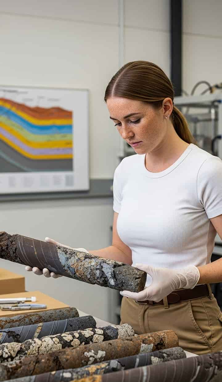 Close-up of a geologist examining Australian rock core samples with cross-sectional mineral diagrams and metallurgical equipment in the background.