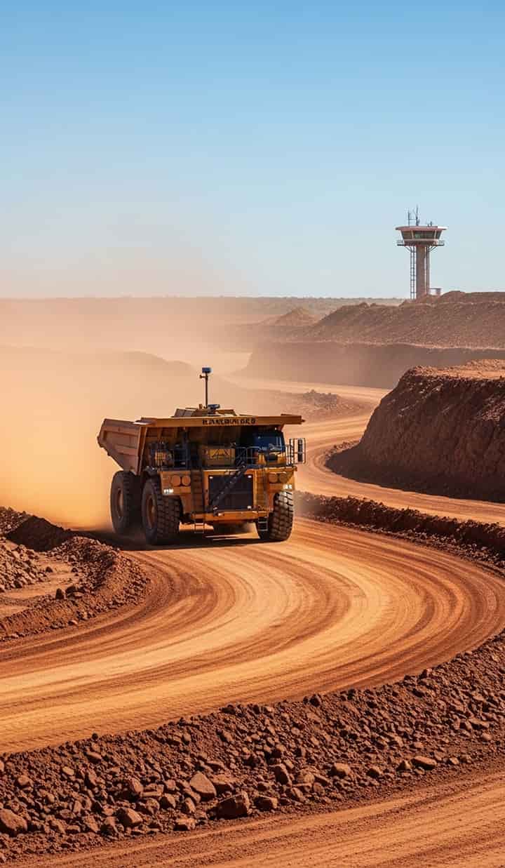 A large autonomous haul truck in a sunlit Australian open-pit mine, moving along dusty, winding red earth roads typical of Western Australia, with no driver visible.