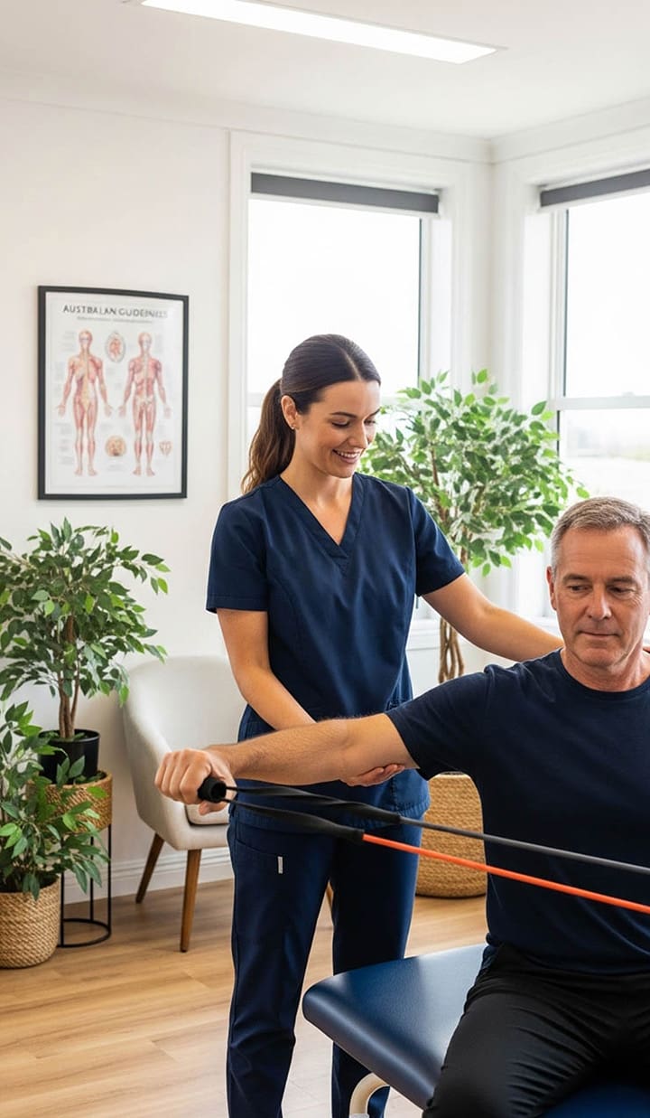 physical therapist assisting a patient with an arm exercise in a doctors office