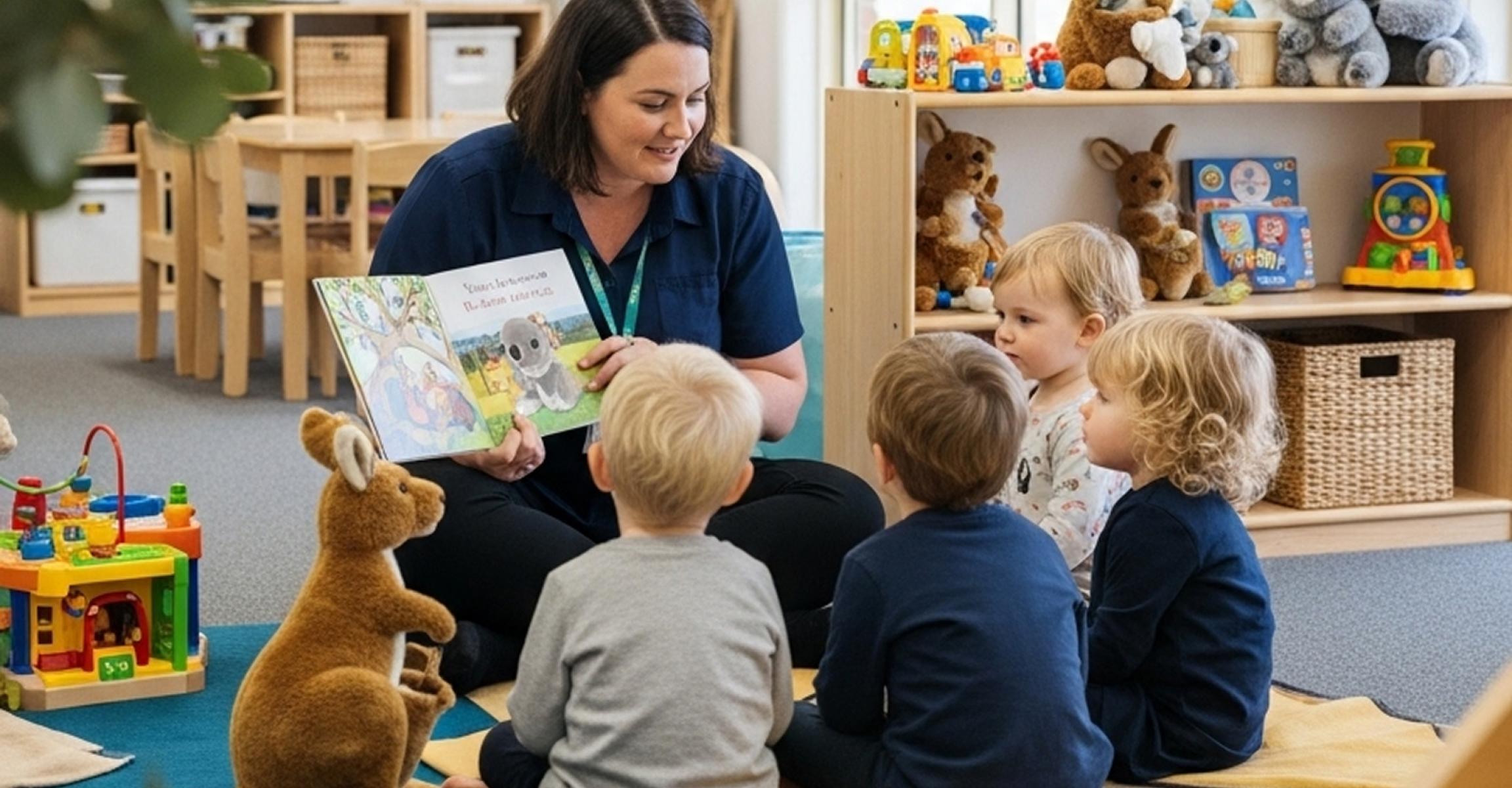 Teacher reading a storybook to young children while sitting on the floor