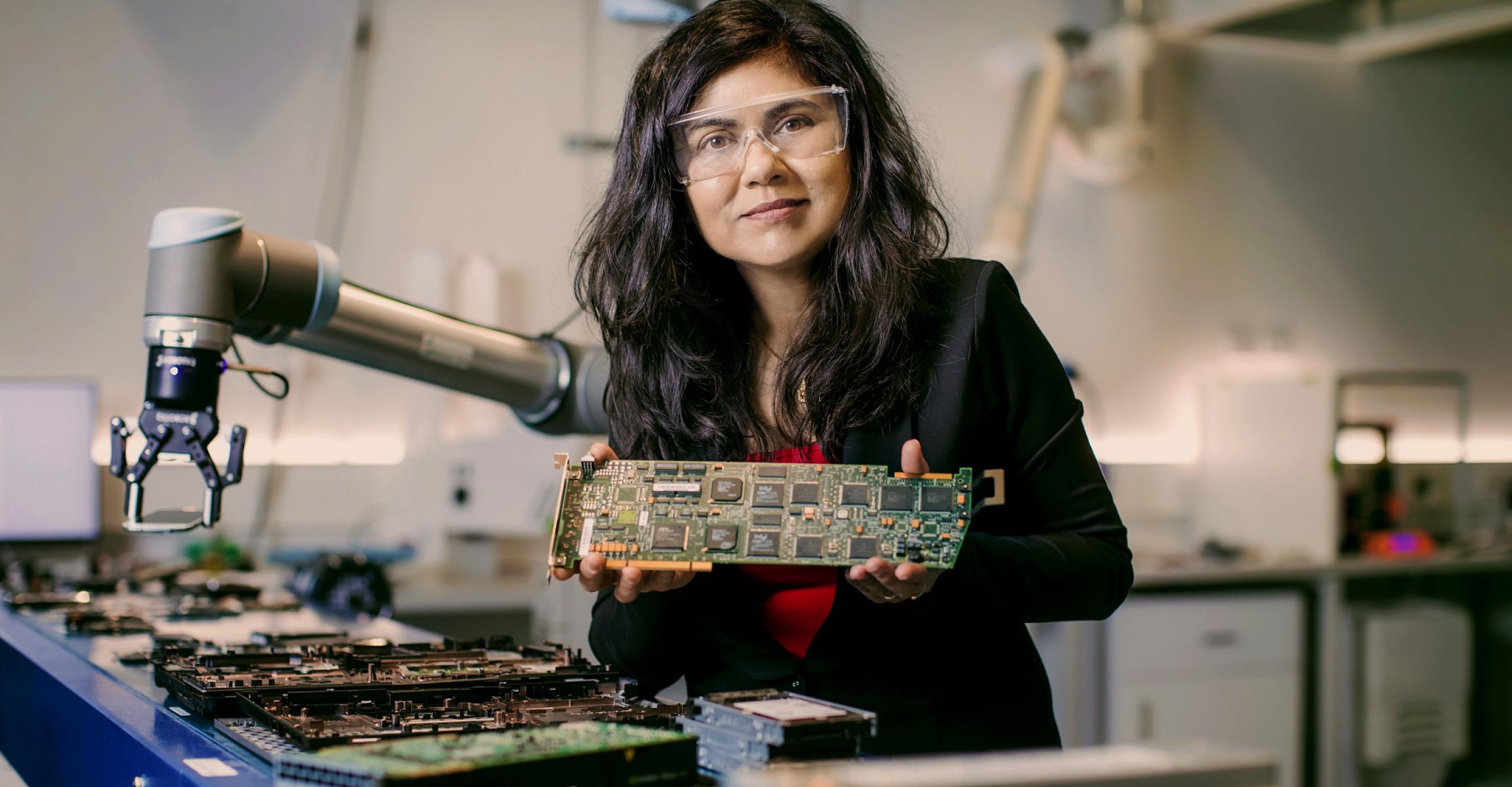 Professor Veena Sahajwalla showing e-waste recycling innovations at UNSW.