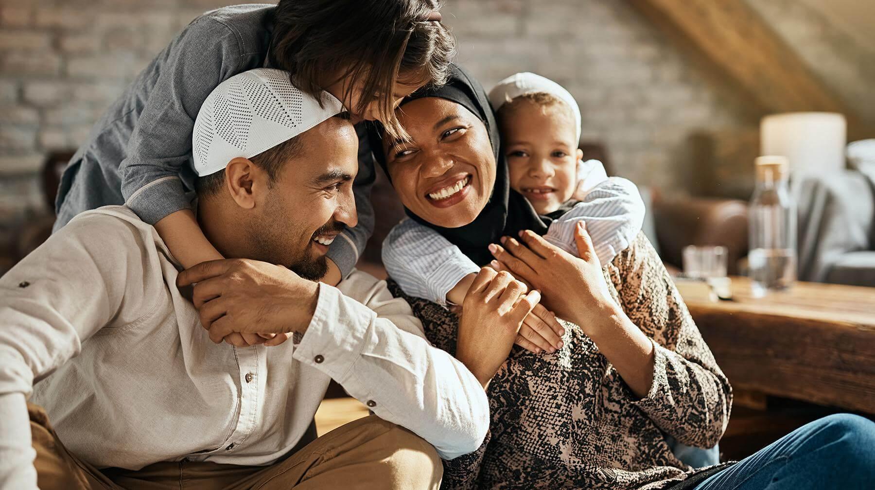 happy family on couch